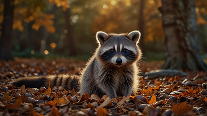 Raccoon Among a Pile of Acorns in Autumn