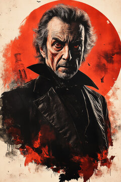Dracula. Vampire, classic horror monsters, halloween poster, flyer, advertising. Room for copy space. 