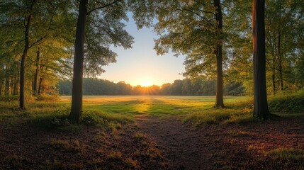 Obraz premium Golden sunrise through trees in a forest clearing.