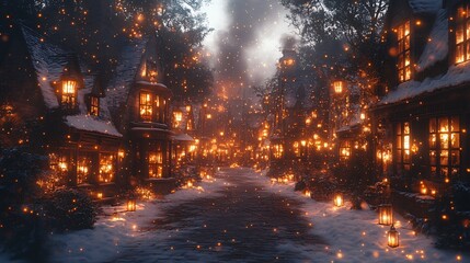 A cozy Hogsmeade village street at night, blanketed in snow, illuminated by warm golden shop windows and flickering candles, creating a magical and festive winter atmosphere