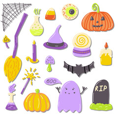 Halloween witch items colorful hand-drawn element set. Vector holiday illustration