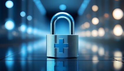 Digital security concept with a metallic padlock on a blue circuit board, symbolizing data protection and cybersecurity. A silver padlock sits on a blue circuit board