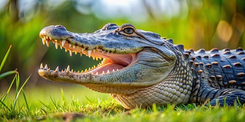 Fototapeta premium A Powerful Reptilian Predator With Sharp Teeth And A Ferocious Gaze, Revealing Its Mighty Jawline In A Moment Of Alertness