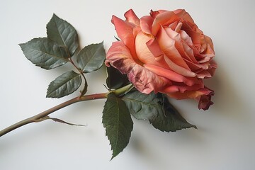 A blooming rose against a stark white background.