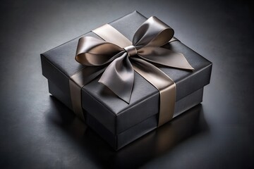 Obraz premium elegant black gift box with a sleek ribbon exudes luxury and mystery against a dark background perfect for conveying sophistication and surprise for any occasion