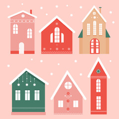 a set of cute festive Christmas houses with beautiful ornaments