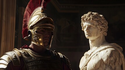 Obraz premium 41. Roman figure in ceremonial armor standing before a marble statue