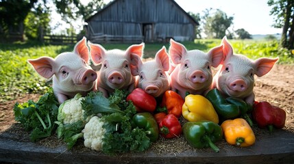 Five piglets with fresh vegetables on a farm.