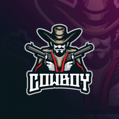 Cowboy mascot logo design with modern illustration concept style for badge, emblem and t shirt printing. Cowboy head illustration with guns in hand.