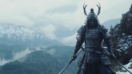 Naklejka premium 42. Samurai warrior with an intricate helmet and dual swords standing on a mountain