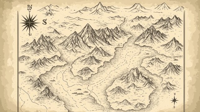 Hand-drawn map of a fantasy world with mountains, rivers, and forests.