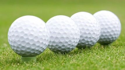 A row of golf balls on a tee at a driving range, perfectly aligned for practice swings