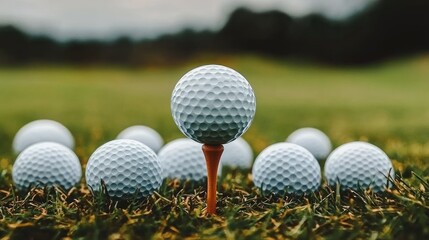 A row of golf balls on a tee at a driving range, perfectly aligned for practice swings