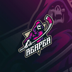 Reaper mascot logo design with modern illustration concept style for badge, emblem and t shirt printing. Reaper hockey illustration for sport team.