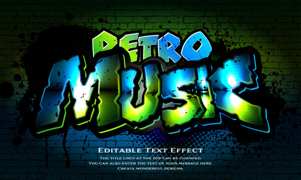 &rdquo;Music Retro&rdquo; editable graffiti title logo text style effect, with light blue, light green gradient painted on a black brick wall. sans serif,graffiti typeface
