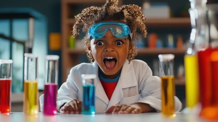 a child in a lab coat, goggles on their forehead, excitedly conducting a simple experiment with colorful beakers in a bright science lab. 