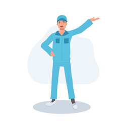 Professional cleaner character in blue uniform presenting a concept with hand gesture
