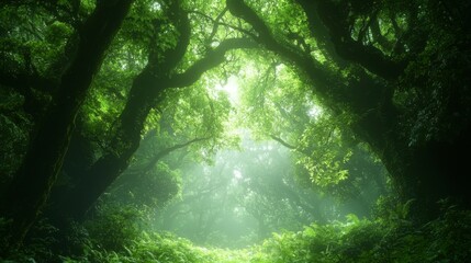 Fototapeta premium Majestic Forest Realm, an enchanting landscape filled with towering ancient trees, vibrant foliage, and a serene atmosphere that transports viewers to a captivating fantasy world.