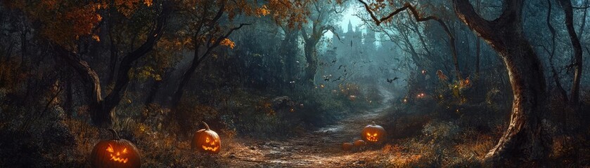 A mysterious forest at night with glowing pumpkins, creating an eerie Halloween atmosphere filled with shadows and dim light.