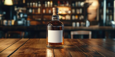 Naklejka premium Amber Liquor Bottle on Rustic Table