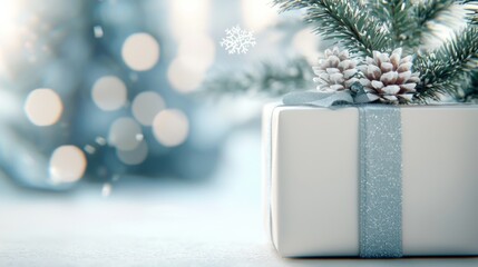 Festive Gift Beneath a Lush Christmas Tree, a vibrant scene showcasing an elegantly wrapped present nestled among branches adorned with colorful ornaments and twinkling lights