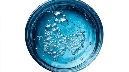 Top view of bubble-filled water isolated on a white background inside a blue basin