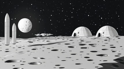 Lunar base with domes, spacecraft, and missiles on the surface of the moon at night.