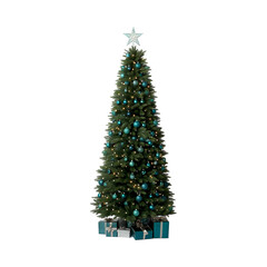 Tall and elegant Christmas tree adorned with shimmering blue ornaments and topped with a sparkling star. Wrapped presents in matching colors are neatly arranged under the tree.