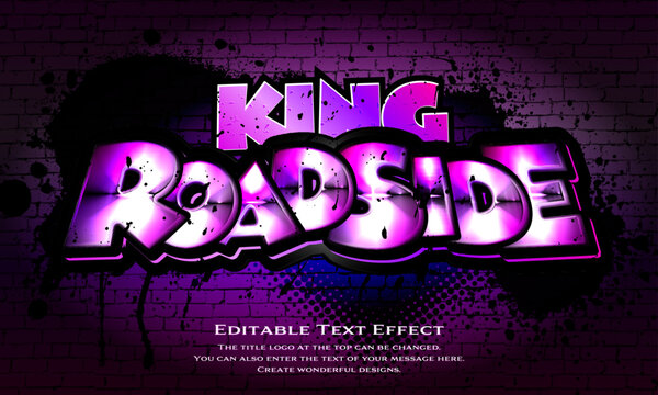 &rdquo;Road Side King&rdquo; editable graffiti title logo text style effect, with purple, pink gradient painted on a black brick wall. sans serif,graffiti typeface