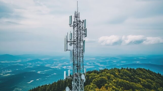 A telecommunications tower standing high on a hilltop, with antennas and dishes pointing towards the sky