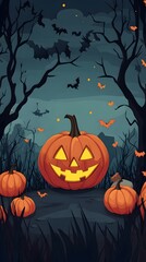 Haunting Pumpkin Patch in Darkened Autumn Forest with Bats and Eerie Atmosphere
