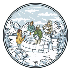 Four friends are building an igloo together with blocks of ice in a snowy mountain landscape. They are wearing winter clothes
