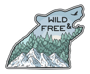 Majestic wolf howling at sunset, surrounded by mountains and forests, evokes wildness and freedom. Perfect for logos, badges, and fashion with a vintage, cool vibe