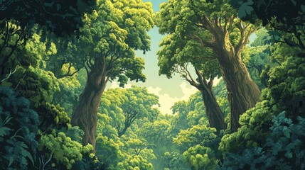 Obraz premium Lush green forest with tall trees and a bright blue sky peeking through the canopy.