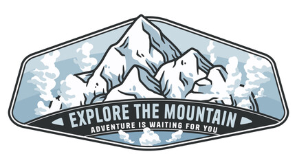 This blue and white emblem shows snowy mountain peaks rising above the clouds, inviting you to explore the great outdoors