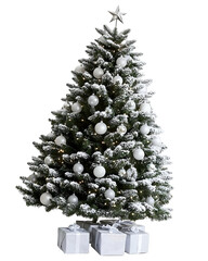 A snow-flocked Christmas tree adorned with white ornaments and topped with a silver star. Elegant silver-wrapped gifts are placed beneath, creating a wintery and festive holiday scene.