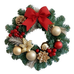 Traditional Christmas wreath featuring a red bow, gold ornaments, pine cones, and red berries. A perfect holiday decoration for adding festive charm to any home or event space.