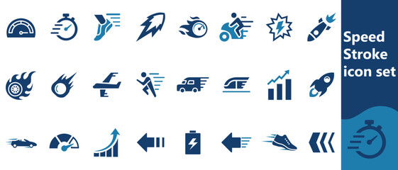 Speed icon collections. Containing fast, slow, movement, productivity, indicator, turbo, speeding, gauge, express and speedometer icons. Stroke icon collection Editable Outline icon
