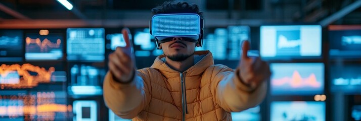 Man Immersed in Virtual Reality with Futuristic Data Visualizations and Holographic Projections