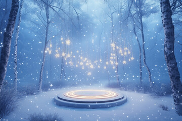 Christmas Cylindrical Stone for Promotions. Rich VIP Cylindrical Stage with Christmas trees. New Year Sale Round Table. Realistic 3D Space in snowy forest. Round podium and gold light garlands.