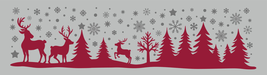 Elegant Christmas scene featuring reindeer, snowflakes, and holiday trees