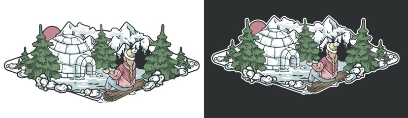 Young woman in winter gear sits on a log, enjoying a snowy mountain view with an igloo in the distance. Sun shines over pine trees, creating a picturesque backdrop for her winter vacation