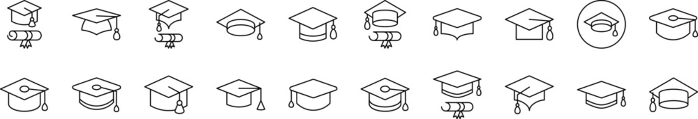 Academic Square Cap Icon Set for UI, Placards, Books, Apps. Editable Stroke. Suitable for Web Sites, Books, Cards, Apps