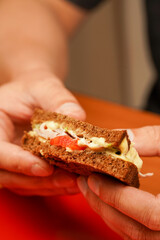 Food. Tasty sandwich. Hands holding sandwich with ham, bacon, cheese, lettuce, tomatoes. Close-up of man eating sandwich. Close-up image of a male cooking and holding sandwich.