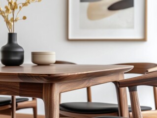 A wooden table with four chairs around it. A vase with yellow flowers on it sits on the table