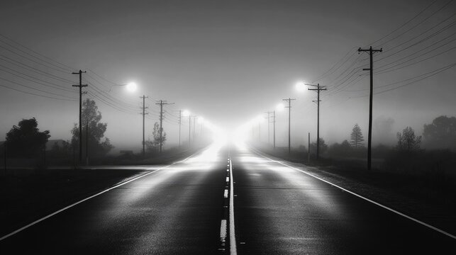 Car headlights cutting through the fog on a dark road, creating an eerie and mysterious atmosphere