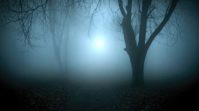 Car headlights cutting through the fog on a dark road, creating an eerie and mysterious atmosphere