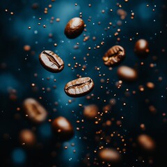 Coffee Beans Falling and Splashing on Blue Sparkling Background. Delicious Morning Drink Concept
