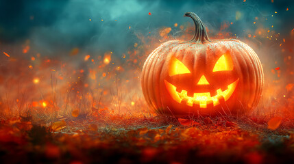 Naklejka premium Spooky Funny Jack o'Lantern Pumpkin Glowing Bright, Magical Abstract Halloween Night Scene. Autumn Forest, Sundown, Neon Light, Fallen Leaves. Trick or Treat, Happy Celebration Party, Seasonal Header