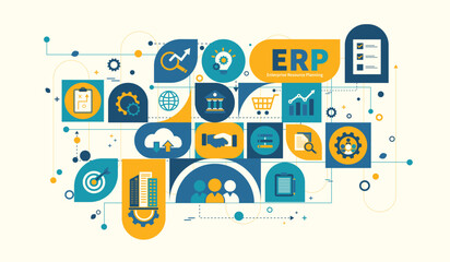 ERP, Enterprise resource planning concept. Business, Technology, Internet and network, software system for business resources plan presented. Businesses infographic, vector illustration with icons.